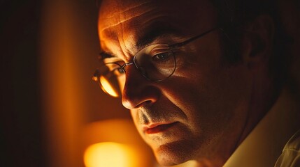 Poster - Senior executive staying late at the office under dim lighting working on a laptop with a thoughtful look in a modern workspace Stock Photo with side copy space