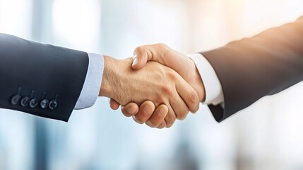 Poster - Senior executive shaking hands with business partners in a well-lit office space emphasizing professionalism and successful partnerships Stock Photo with side copy space