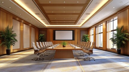 Poster - Senior executive presenting business strategies to a boardroom filled with attentive colleagues and digital screens Stock Photo with side copy space