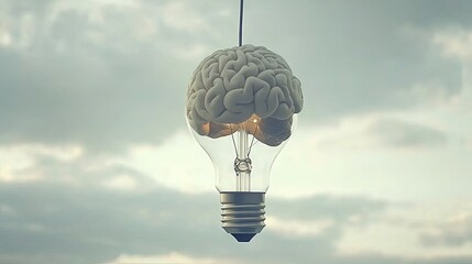 Poster - A floating light bulb with a brain radiating inside, casting beams of light into the universe, merging futuristic technology and the mysteries of space.