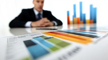 Poster - Senior executive focused at the head of the table during a high-level strategy meeting with graphs and charts on the screen Stock Photo with side copy space