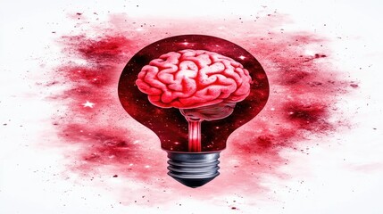 Poster - A futuristic light bulb floats in space, illuminating the vast universe with a glowing brain inside, radiating bright ideas and innovation, surrounded by stars.