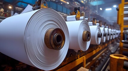 Poster - Giant rolls of paper being rolled up and stored on large industrial spools in a manufacturing facility or warehouse  The image depicts the production processing