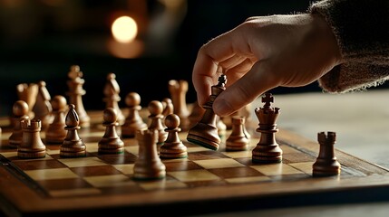 Aufkleber - Hand Carefully Placing Chess Piece on Checkered Board During Intense Mid Game Strategy Session  Concept of Intelligence Logic and Decision Making in Competitive Game Play
