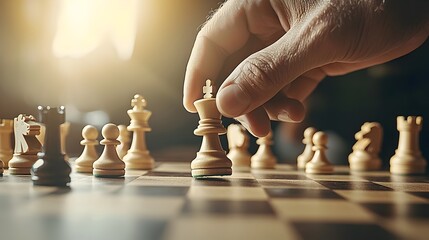 Aufkleber - Hand Strategically Placing Chess Piece on Board During Mid Game of Competitive Chess Match Showcasing Intellectual Challenge and Gameplay