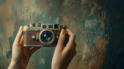 Poster - Hands delicately pressing the buttons on a vintage retro style to capture a memorable moment