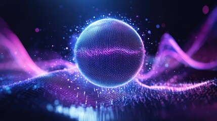 Poster - A futuristic, glowing sphere surrounded by vibrant waves of light and particles, ideal for digital art and design projects.