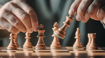 Aufkleber - Hands moving a chess piece across the board symbolizing the strategic thinking problem solving and intellectual decision making involved in the game of chess