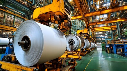 Poster - Huge rolls of paper or other industrial material being mechanically spooled and wrapped around large cylindrical metal spools or bobbins in a factory or warehouse setting
