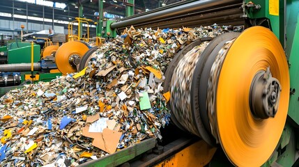 Poster - Industrial process of recycling discarded paper into new paper pulp for sustainable manufacturing and eco friendly production