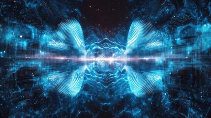 Poster - Holographic sound waves, Abstract digital landscape depicting futuristic blue energy waves against a dark backdrop.
