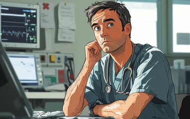 Cartoon depiction of a male doctor in scrubs, pondering over a medical diagnosis with a stethoscope, set in a hospital backdrop