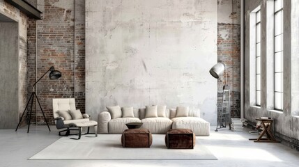 Aufkleber - A minimalist industrial loft-inspired living room design set against a white canvas backdrop, Styled with minimalist industrial loft furniture arrangements, Industrial loft minimalist style