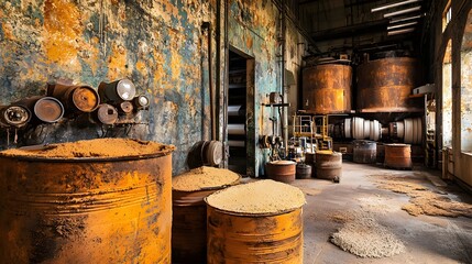 Poster - Large metal containers and drums storing various chemicals and raw materials used in the papermaking manufacturing process within an industrial factory setting