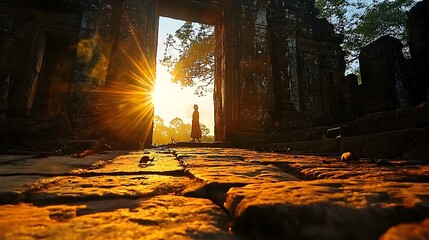 Poster - Majestic ancient temple entrance with sunlight streaming through the archway during a serene sunrise