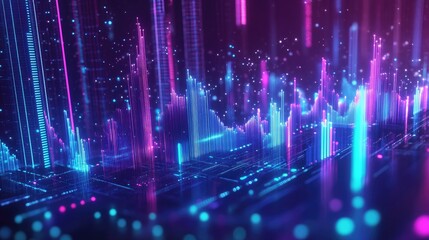 Poster - Colorful abstract data visualization with glowing bars and dots in blue, pink, and purple tones on a dark background.