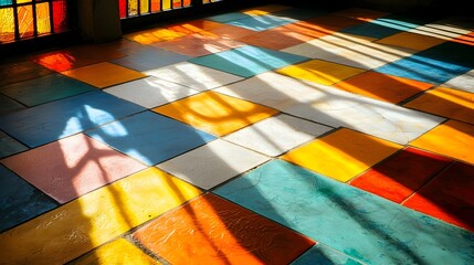 Leinwandbilder - Radiant Sunlight Streaming Through a Stained Glass Window Casting Vibrant Chromatic Patterns Across the Tranquil Floor Below