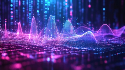 Poster - Colorful digital wave patterns showcasing vibrant technology concepts in purple and blue hues. Holographic sound waves