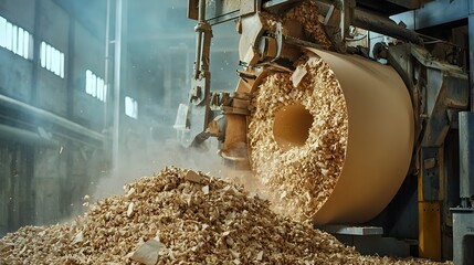 Poster - Raw wood fiber pulp being processed in an industrial factory or mill  The machinery and equipment involved in the pulping process to create the base material for paper production
