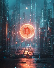 Poster - Futuristic 3D Cryptocurrency Coin in Digital Environment