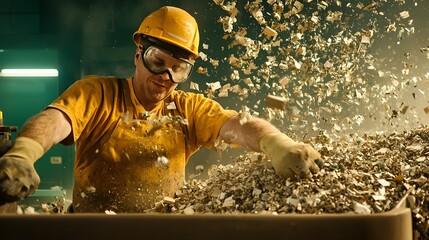 Fototapete - Recycled paper being processed through industrial machinery and equipment to create new paper pulp a sustainable and eco friendly raw material for further production