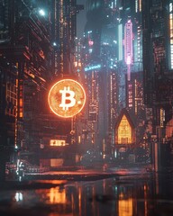 Poster - Futuristic City with 3D Cryptocurrency Coin