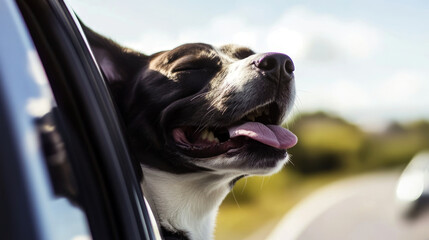 A dog with its head out of a car window, tongue out and ears flapping in the wind