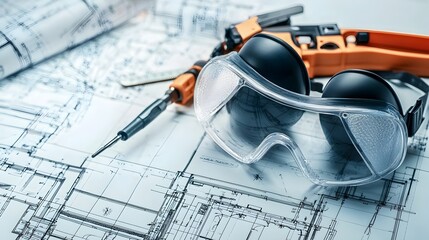 Poster - Set of safety goggles and ear defenders resting on a blueprint drafting table in an industrial or engineering workplace