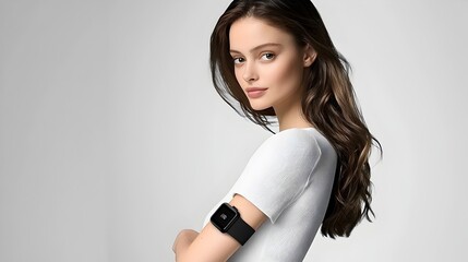 Poster - Smartwatch Case Highlighting Product Details in Elegant Studio Setting  Minimalist Photograph of Model Posing with Smartwatch Accessory Against a White Background