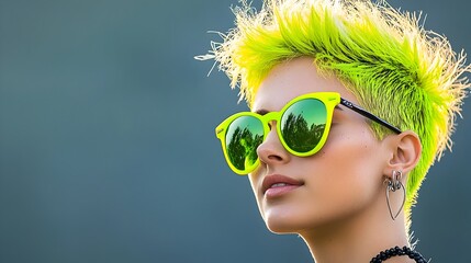 Aufkleber - Striking portrait showcasing vibrant neon green highlights accentuating a spiky short hairstyle against a minimalist background  Edgy bold and eye catching aesthetic