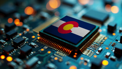 A Colorado themed chip is embedded on a circuit board with illuminated pathways, highlighting innovation in electronics and cutting-edge hardware.