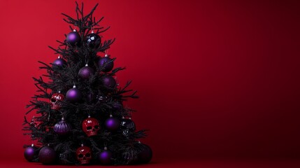 Wall Mural - scary christmas tree with halloween decorations like scull against red background