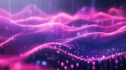 Poster - Abstract concept of white noise visualized as flowing waves of light in a digital landscape, neon tones, cyberpunk, high-tech feel, calm and atmospheric.