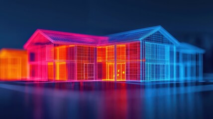 A vibrant, 3D architectural model illuminated in neon colors, showcasing a modern house design with striking contours against a dark background.