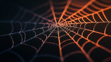 Close-up of a spider web covered in dewdrops, illuminated by warm sunlight, creating a glowing, intricate pattern against a dark background