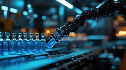 Poster - A robotic arm fills small glass vials with blue liquid on a production line.