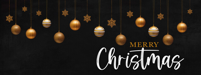 Merry Christmas celebration holiday banner template greeting card panorama - Group of hanging gold golden Christmas balls Christmas baubles ornaments and ice crystals, isolated on black background.