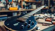 © pentolo - Black electric guitar on a workbench in a workshop.