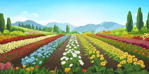 Wall Mural - Rows of flower beds in an outdoor field grown without chemicals, illustration art