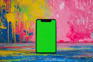 Wall Mural - Phone with green screen on a vibrant, colorful background with paint splashes