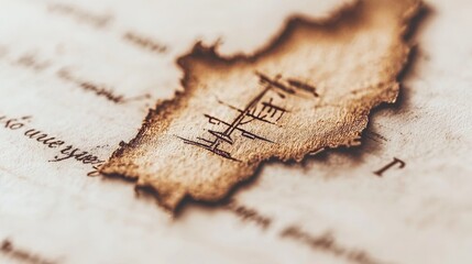 A close-up of a torn piece of old parchment with a drawing of a ship,  showing the texture of the paper and the detail of the ink drawing.