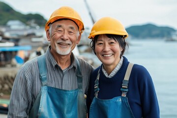 Wall Mural - A man and woman wearing hard hats and blue aprons are smiling for the camera