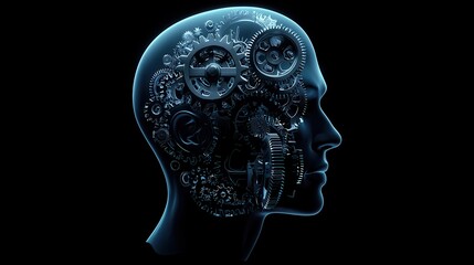 Poster - Human Head with Turning Gears Inside Symbolizing Thought