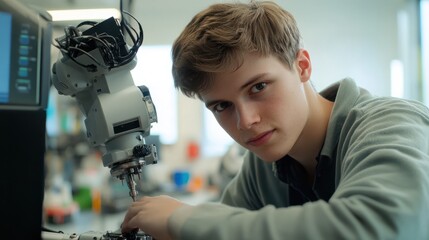 Poster - engineering student assembling a robotic arm using a computer in a technology workshop. service engi