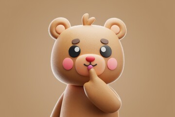 Poster - A cute 3D animated brown bear with pink cheeks and big eyes  holding its finger to its lips.