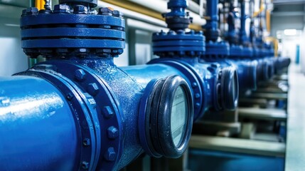 A close-up view of industrial blue pipes with gauges, indicating a water or fluid management system in a facility.