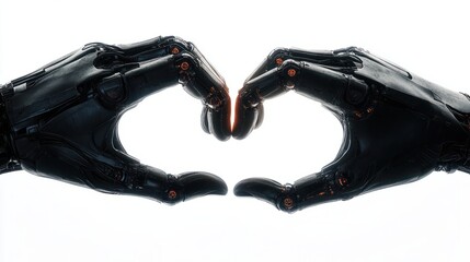 Poster - Human and robot hands forming a heart shape together on white background.