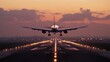 A commercial airplane approaches a runway during sunset, illuminated by runway lights, showcasing air travel and aviation.