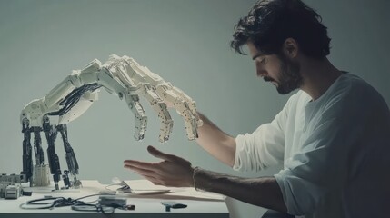 Poster - male engineer working on the development of robotic arm or hand, new modern technology concept