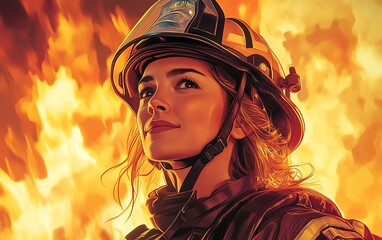 Whimsical illustration of a confident female firefighter in gear and helmet, standing proudly in front of a blazing fire backdrop